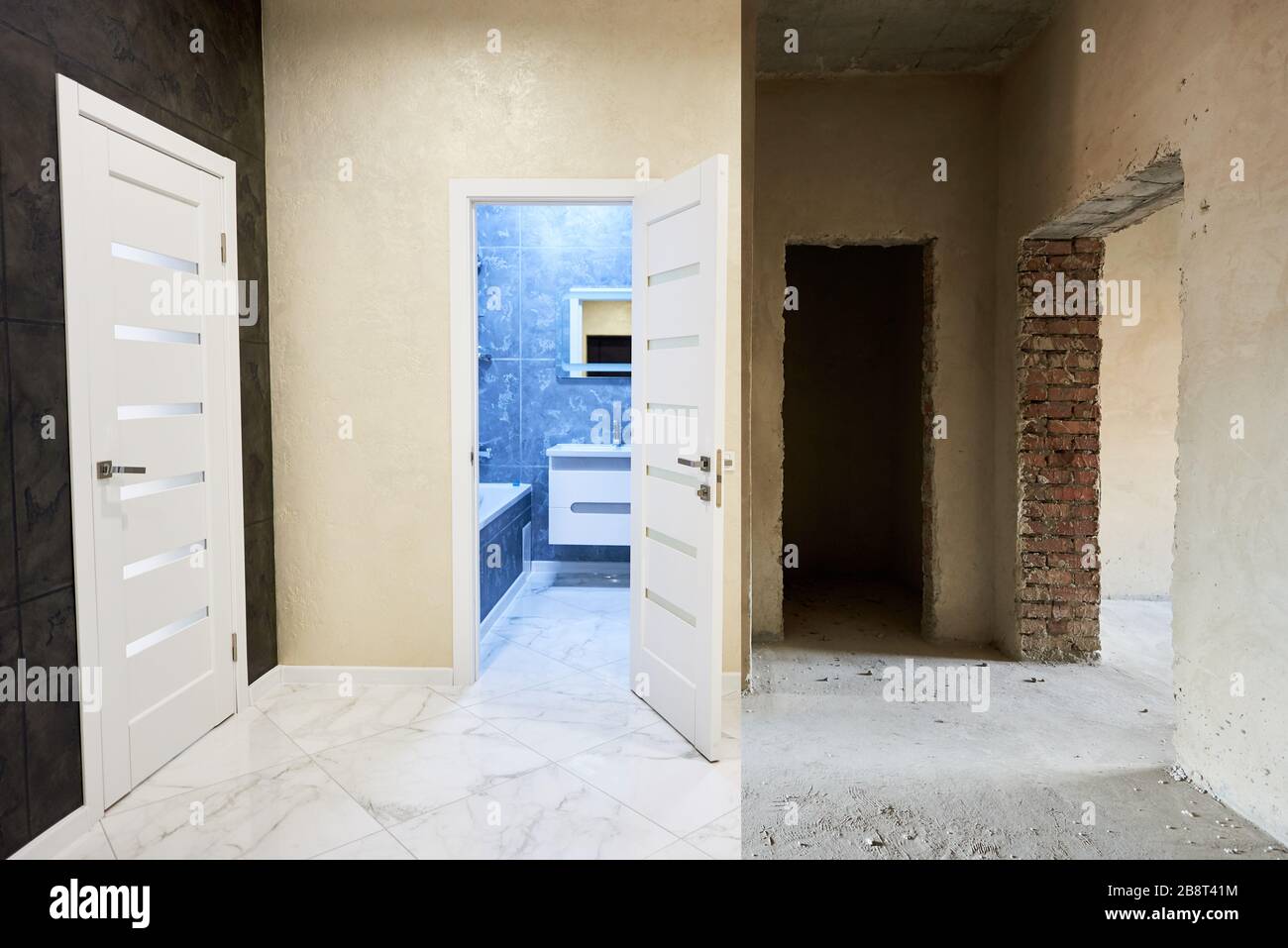 Comparison of a room in an apartment before and after renovation, empty grey walls, floor, doorways vs new tiled room with white doors, view to a blue furnished bathroom Stock Photo