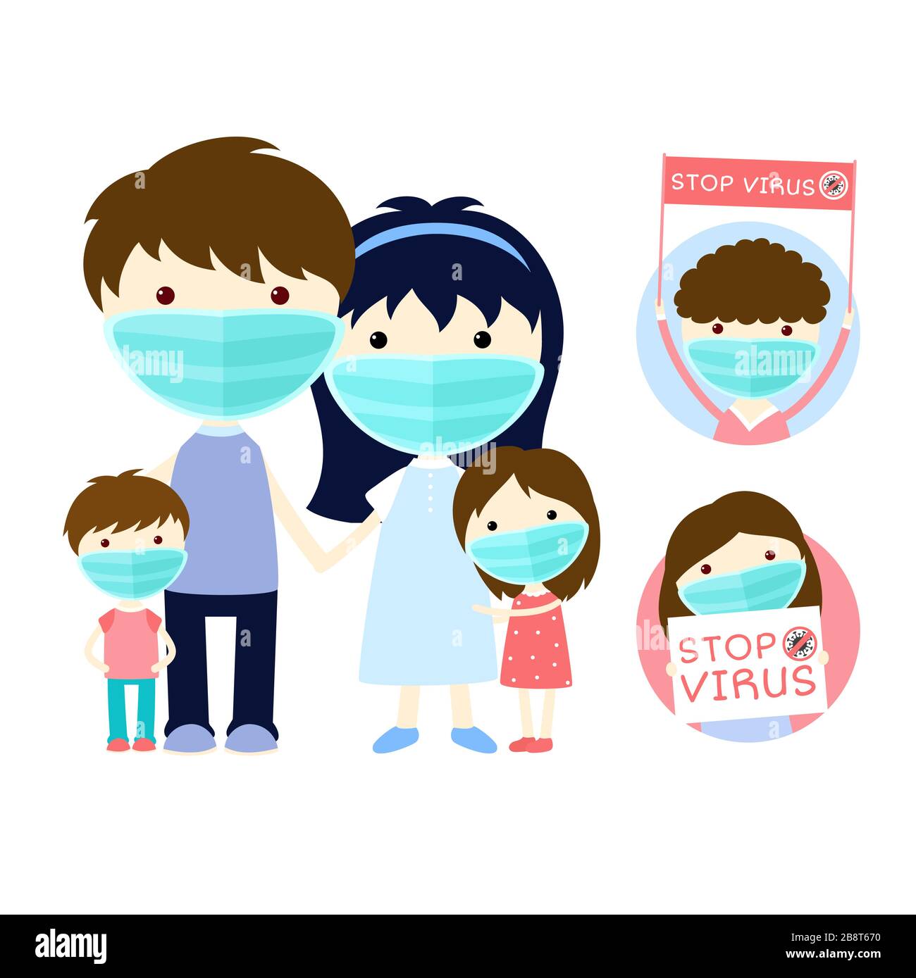 Healthcare and sickness prevention. Family wearing protective medical