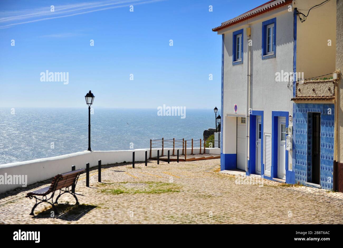 Houses at the top of Nazare upper town in Portugal Stock Photo