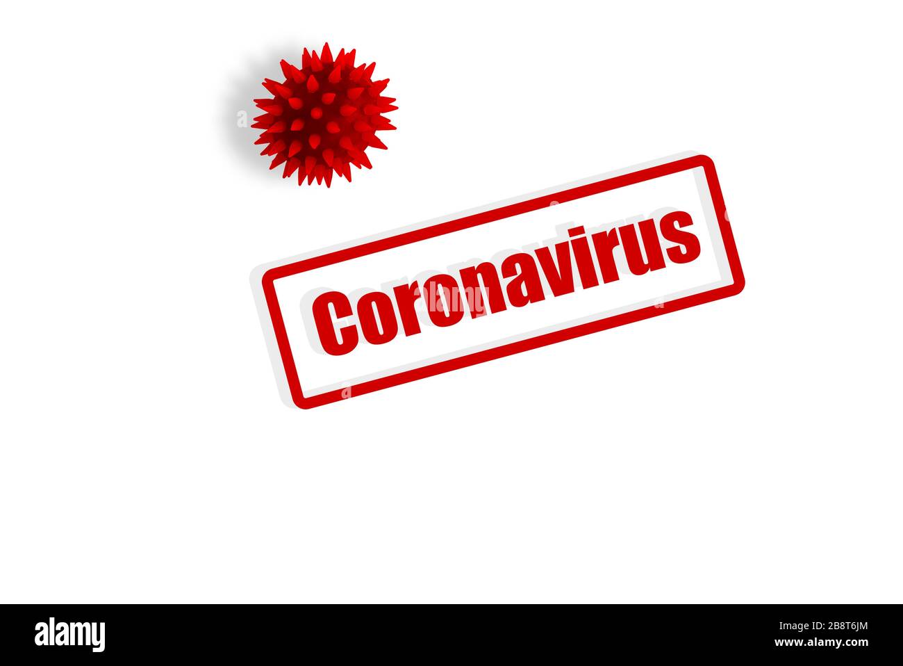 Red coronavirus inscription and one covid-19 cell on white background. Stock Photo
