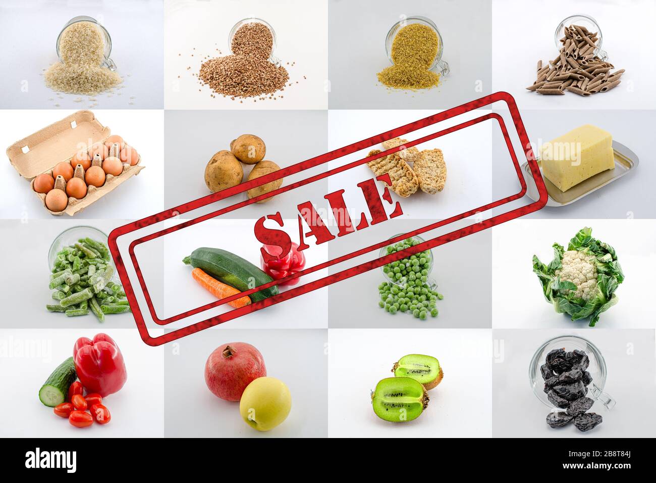 A mosaic or collage of variety of food squares with sale sign. Collage of food -  groats, fruits, vegetables, cheese, frozen vegetables, eggs Stock Photo