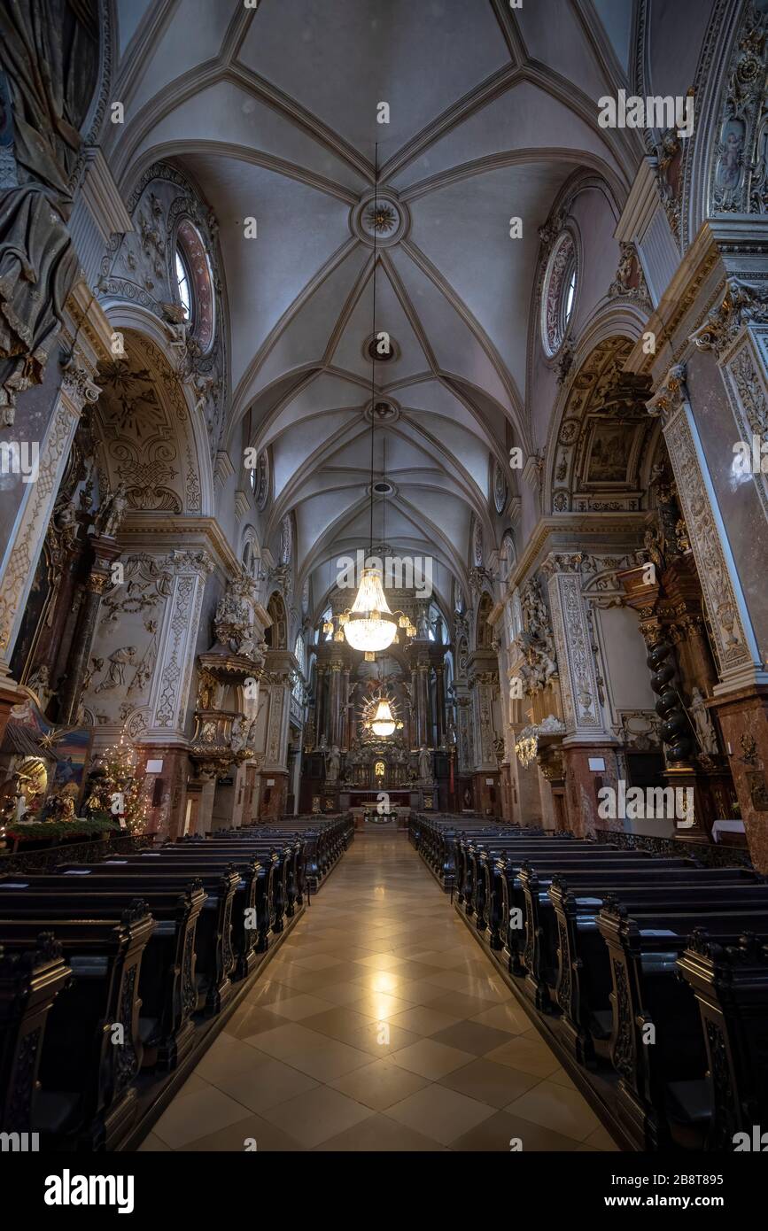 VIENNA, AUSTRIA. The Franciscans church interior, dedicated to St Hieronymus (St Jerome) was built 1611 in Renaissance style with a baroque interior Stock Photo