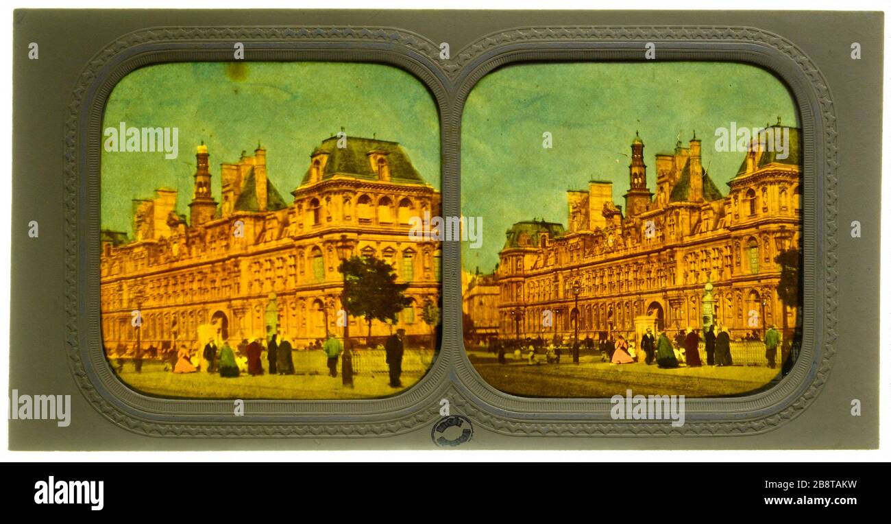 The Hotel de Ville, quay of the Hotel de Ville, 4th district, Paris. City Hall. 'L'Hôtel-de-Ville, quai de l'Hôtel-de-Ville, Paris (IVème arr.)'. Photographie anonyme. Vue stéréoscopique transparente coloriée sur papier albuminé. 1865. Paris, musée Carnavalet. Stock Photo