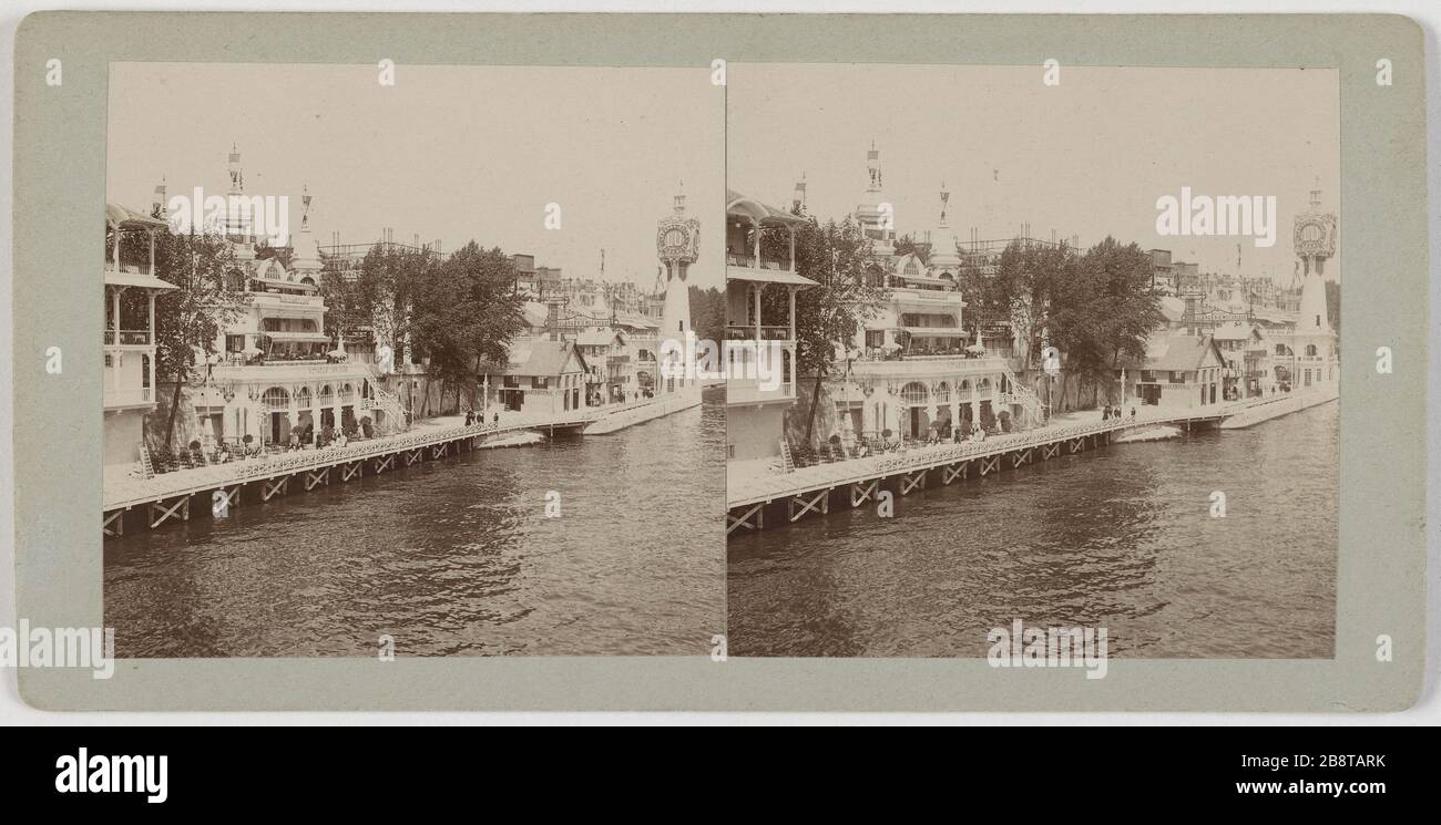 Universal Exhibition of 1900: Restaurant 'animated tours' on the quays of the right bank of the Seine, 16th arrondissement, Paris. Exposition Universelle de 1900. Restaurant 'Voyages animés' sur les quais de la rive droite de la Seine, Paris (XVIème arr.). Photographie anonyme. Vue stéréoscopique, gélatino-chlorure d'argent (aristotype). 1900. Paris, musée Carnavalet. Stock Photo