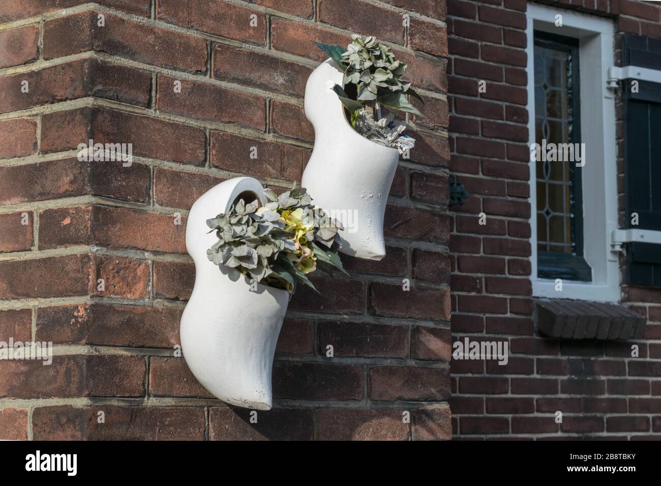 White wooden shoes or clogs filled with flowering plants on a brick wall Stock Photo