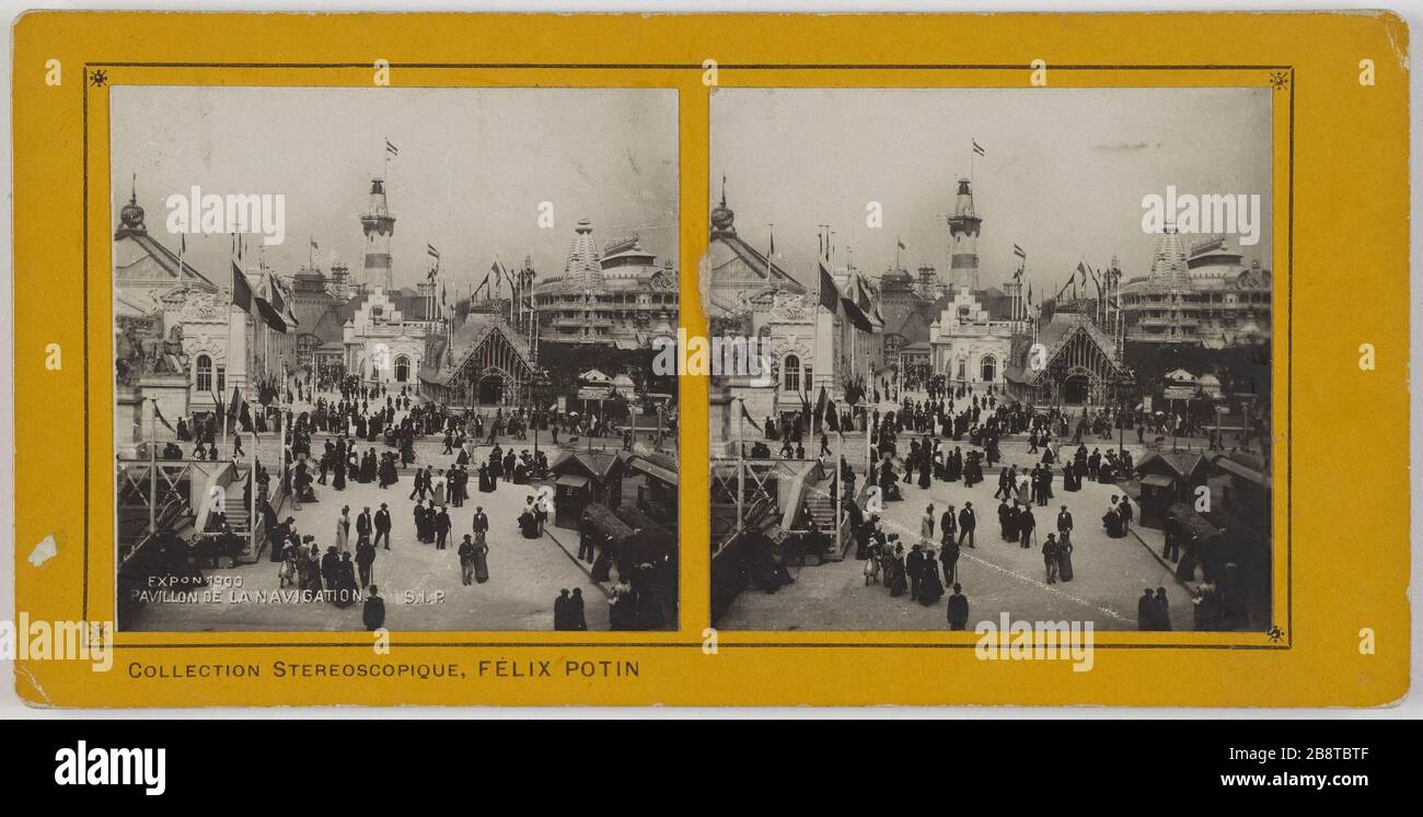 EXPON 1900. HOUSE OF NAVIGATION. World Expo 1900. The pavilion of navigation, the Quai d'Orsay, 7th arrondissement, Paris. Exposition universelle de 1900. Le pavillon de la navigation, quai d'Orsay, Paris (VIIème arr.). Société Industrielle de Photographie ou S.I.P. Tirage sur papier au gélatino bromure d'argent contrecollé sur carton jaune. Paris, musée Carnavalet. Stock Photo