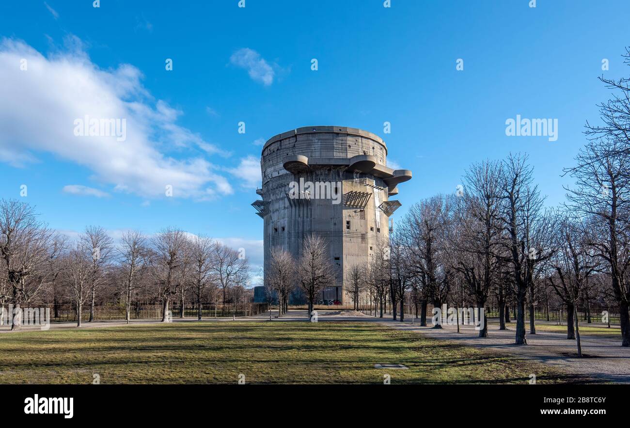 Flak tower (Flakturm) in the Augarten park in Vienna, Austria. Anti aircraft tower of World War II Stock Photo