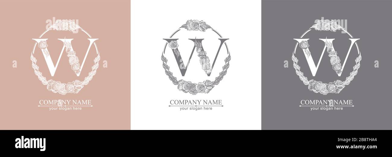 Letter W logo or monogram. For your business. Vector sign. Floral style, beautiful roses. Personal logo. Stock Vector