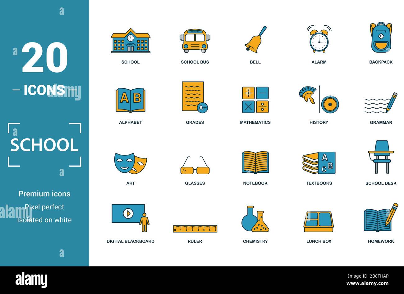 School icon set. Include creative elements school, bell, alphabet, history, art icons. Can be used for report, presentation, diagram, web design Stock Vector