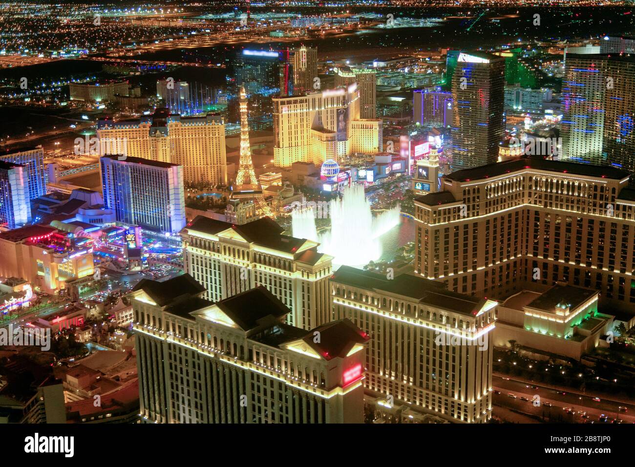 Las Vegas Strip Casinos at night from the helicopter. Night lights of Nevada, USA. Stock Photo