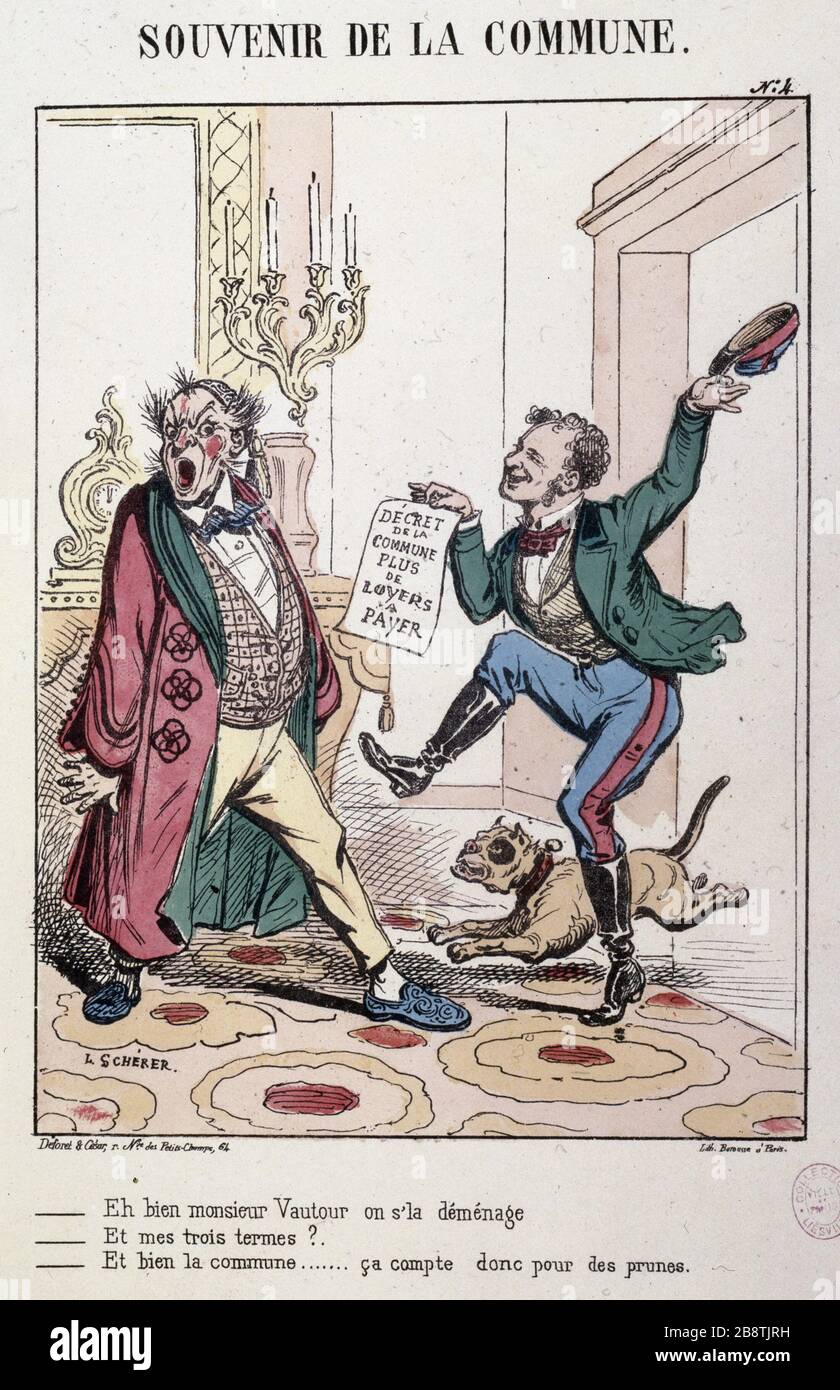 Souvenir of the City, No. 4 - Well Mr. Vautour we moved s'la / and my three terms / well and the Commune ... it therefore counts for nothing Léonce Scherer. 'Souvenir de la Commune, numéro 4 : décret de la Commune, plus de loyers à payer'. Paris, musée Carnavalet. Stock Photo