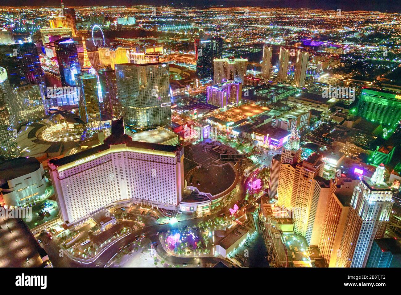 LAS VEGAS, NV - JUNE 30, 2018: Night lights of the Strip from helicopter. Las Vegas is a famous gambling destination. Stock Photo
