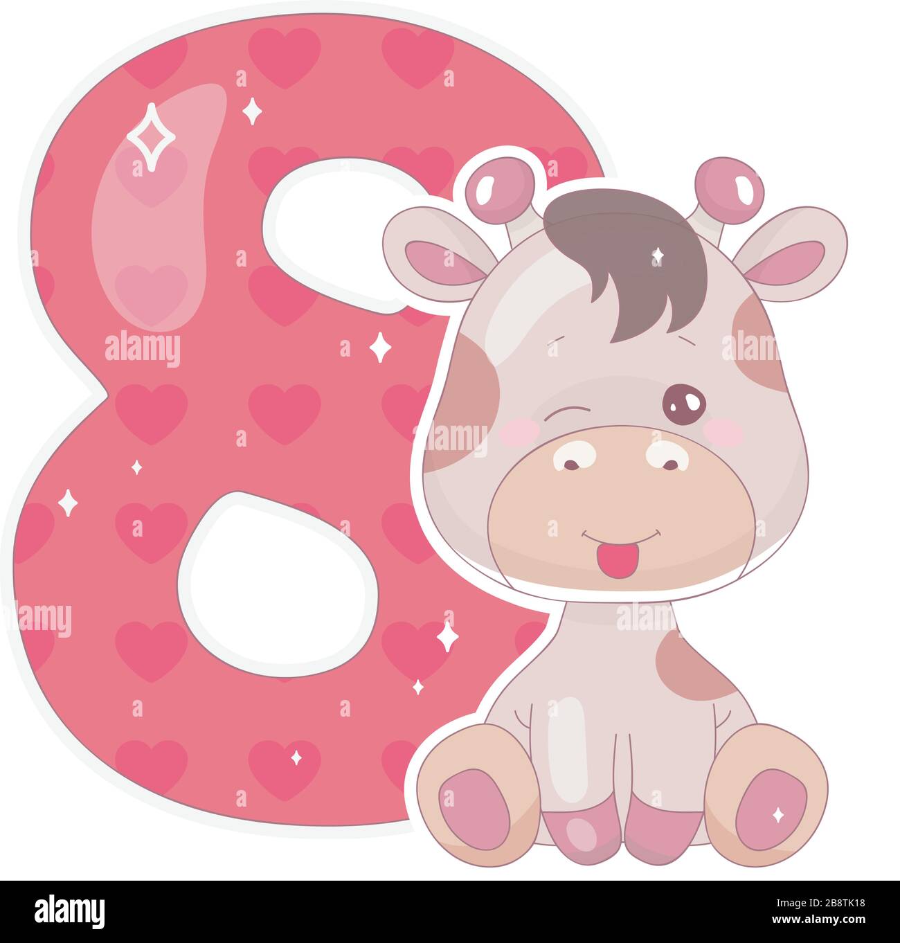 Cute eight number with baby giraffe cartoon illustration Stock Vector