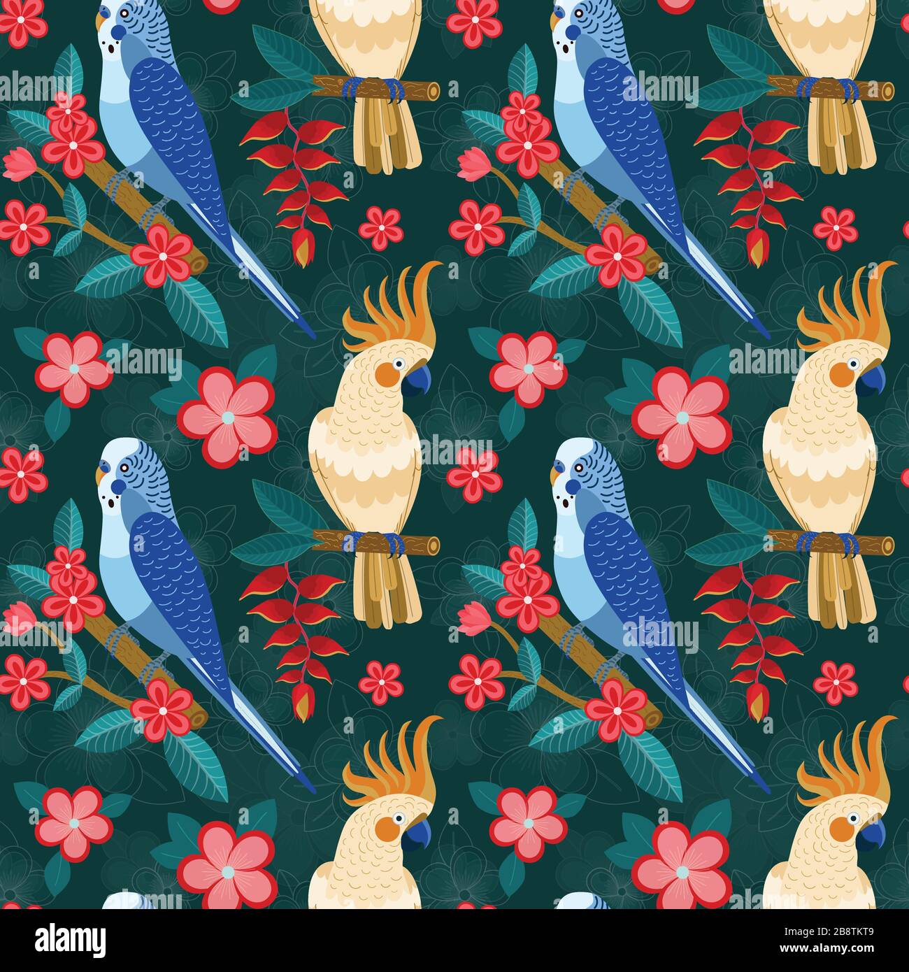 Flat Pattern with Exotic Parrots and Flowers Stock Vector
