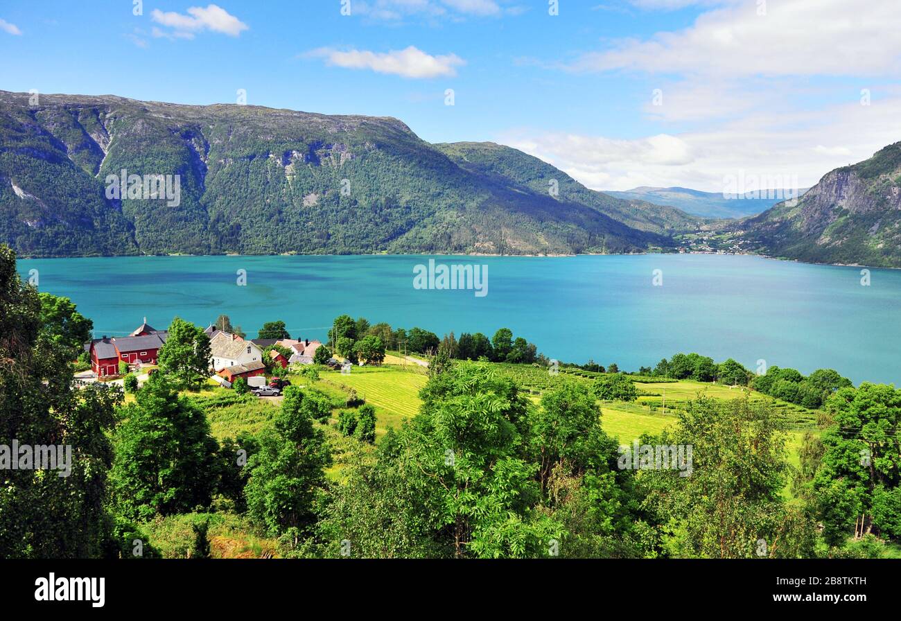 Top view of Ornes village on fjord, Norway on summer Stock Photo