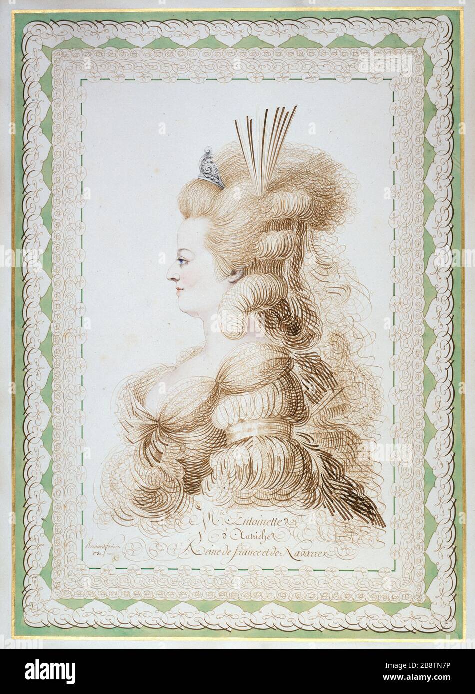 Portrait of Marie Antoinette bust and profile Jean-Joseph Bernard (1740-1807), maître écrivain français. 'Portrait de Marie-Antoinette d'Autriche en buste et de profil'. Dessin. Paris, musée Carnavalet. Stock Photo