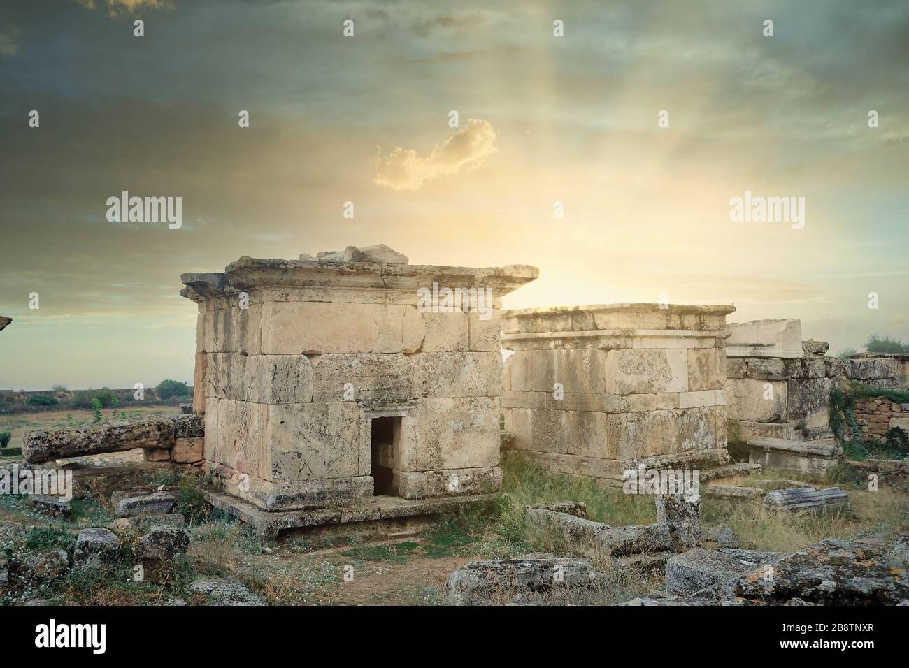 Roman gladiator tombs found in ancient city ruins of Hierapolis, Pamukkale, Denizli, Turkey Stock Photo