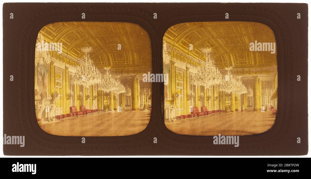 Exhibition for Peace / Tuileries. Salon de la Paix at the Palais des Tuileries, 1st arrondissement, Paris. Palais des Tuileries. Salon de la Paix. Paris (Ier arr.). Photographie anonyme. Vue stéréoscopique transparente coloriée sur papier albuminé. Paris, musée Carnavalet. Stock Photo