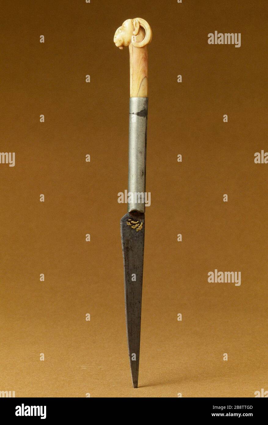 Knife With Wild Goat S Head Hilt India Mughal Empire Circa 1700 Arms And Armor Knives Ivory Hilt With Steel Handle Iron Blade Inlaid With Gold 7 1 2 X 3 4 In 19 05 X