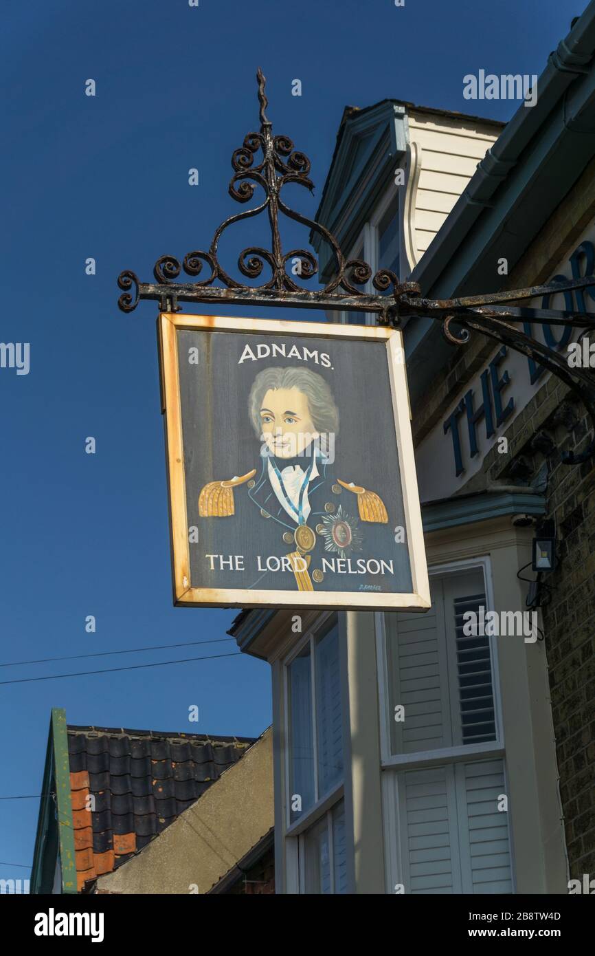 Pub sign for The Lord Nelson, a popular pub in the seaside resort of Southwold, Suffolk, UK Stock Photo
