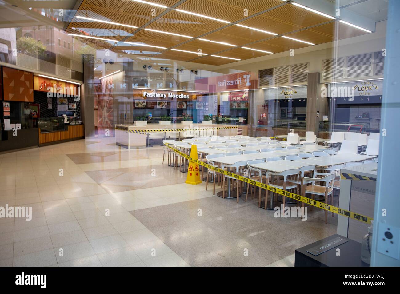 Sydney city centre, Australia. Monday 23rd March 2020. Food court closes seating area as restaurants across Australia are only able to sell takeaway food. Credit Martin Berry/Alamy Live News Stock Photo