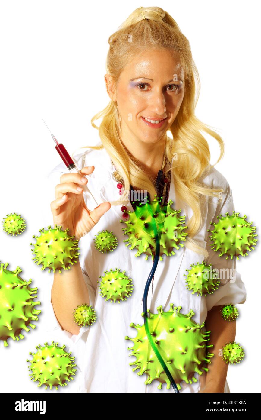 COVID-19: Everything will be fine. Conceptual: caucasian doctor with stethoscope and blood syringe, isolated on white background, image of hope in the Stock Photo