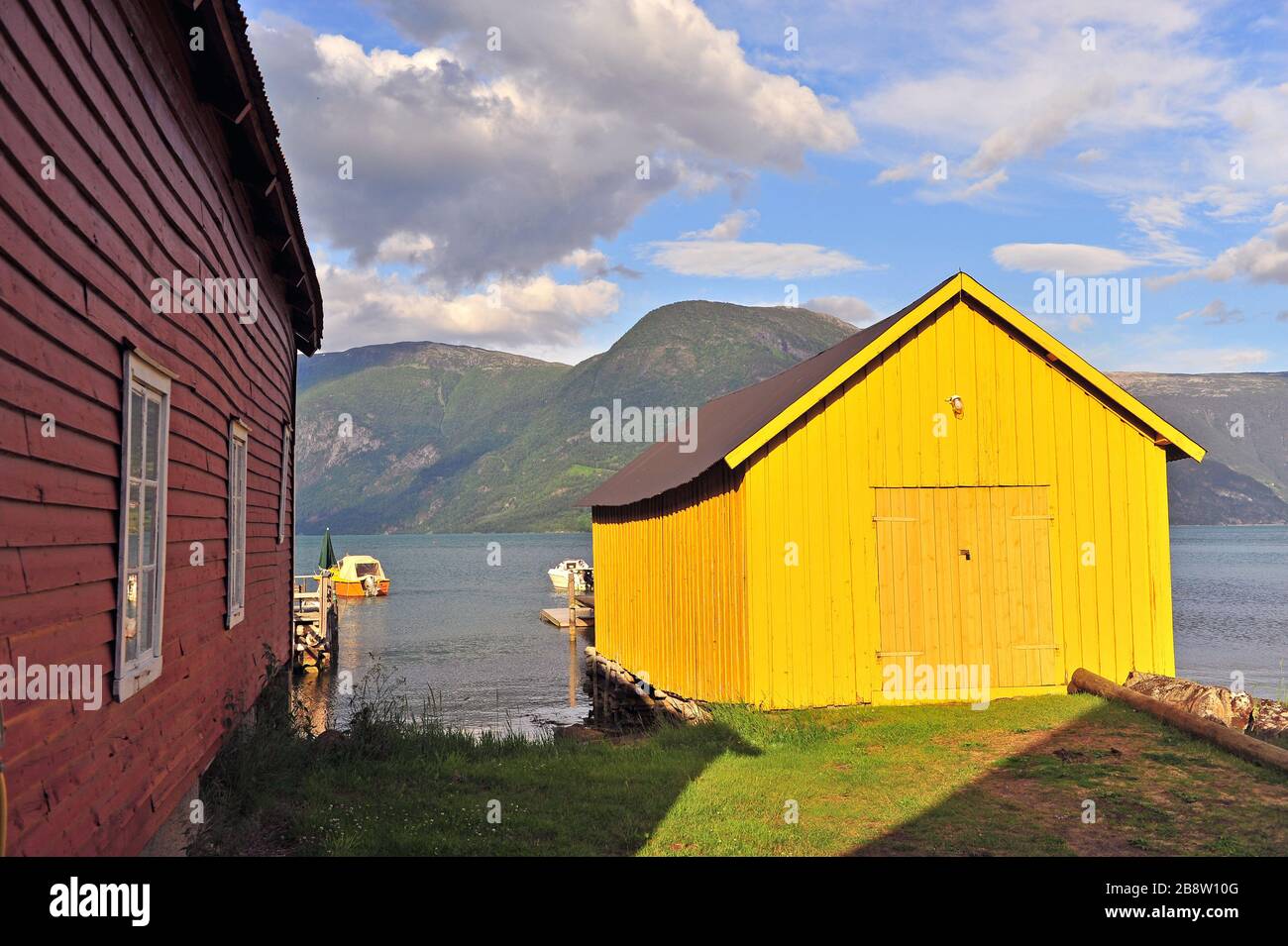 Beautiful farmhouse on sunset in Solvorn village, Norway Stock Photo