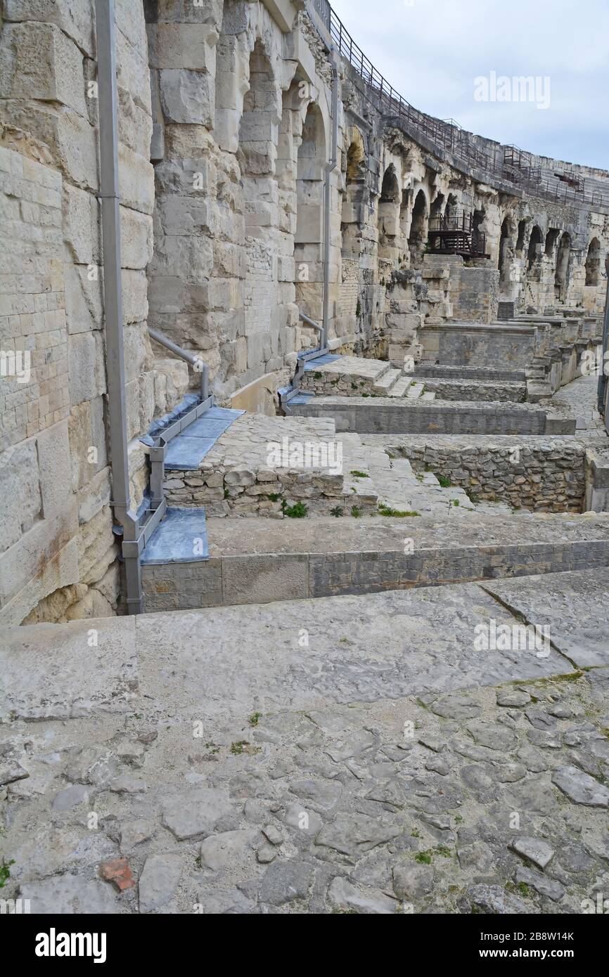 Inside an ancient Roman Amphitheatre at Nimes in the South of France ...