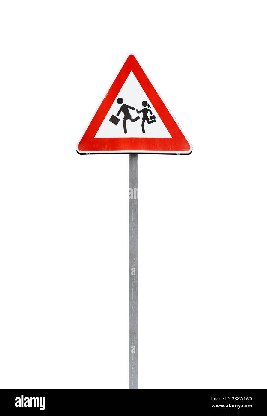 Caution children, warning road sign isolated on white background Stock Photo