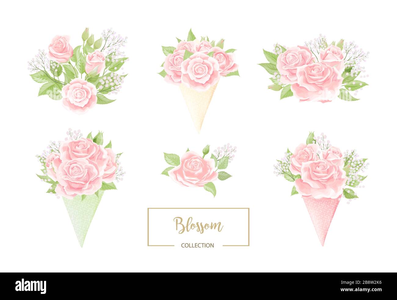 Cream pink rose flower bouquets with green leaves isolated set Stock Vector