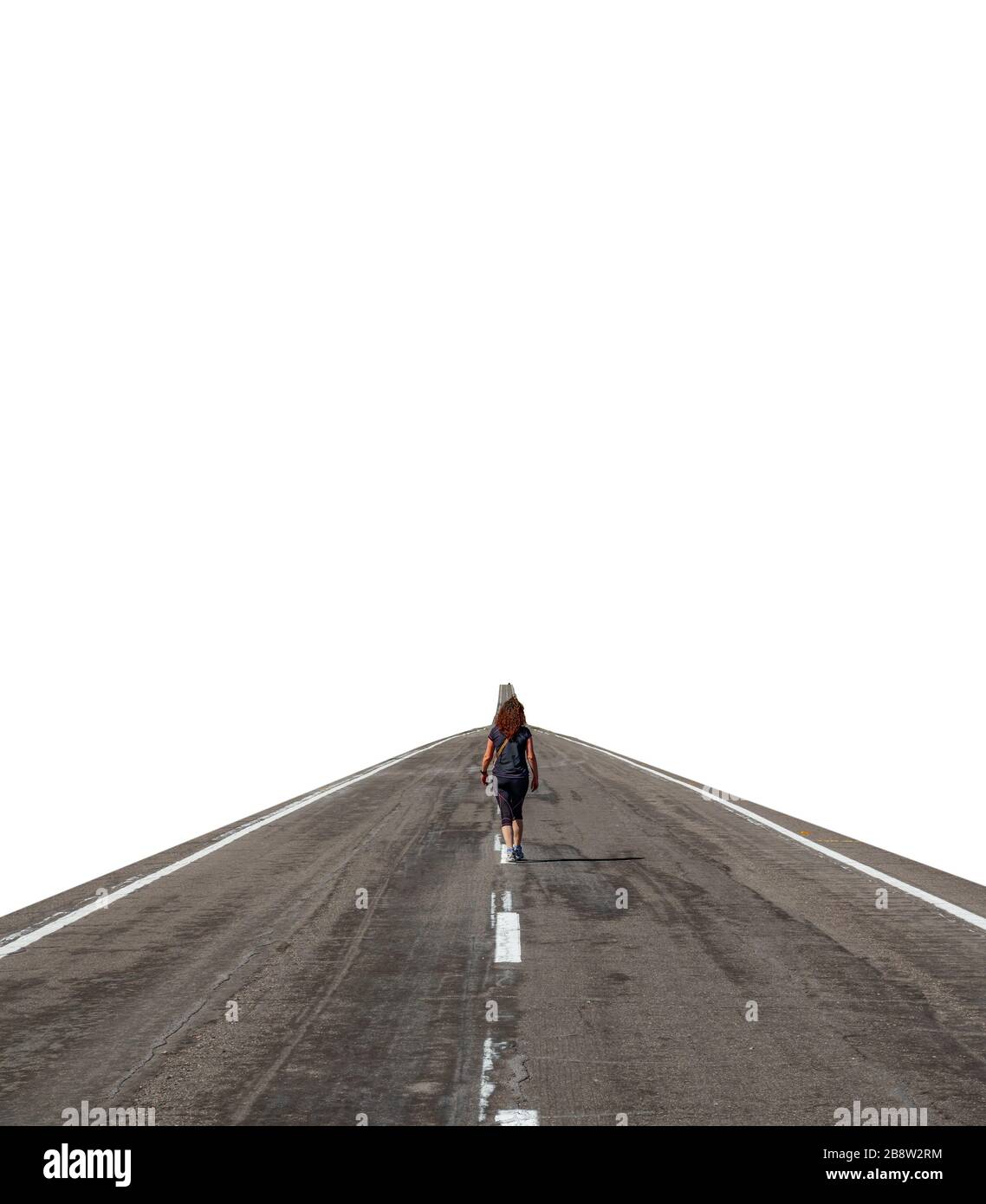 Rear view of woman walking along road with white background Stock Photo ...