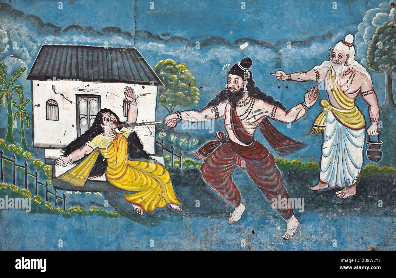 Mural painting representing the hindu god Parashurama ( 6° avatar of Vishnu). He is killing his mother Renuka to obey his father order. Stock Photo