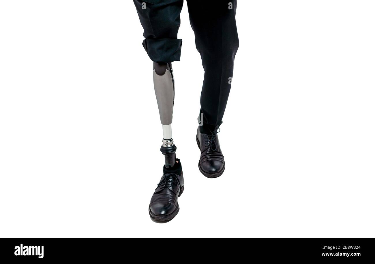 Cropped view of Disabled man with prosthetic leg, isolated on white  background Stock Photo - Alamy