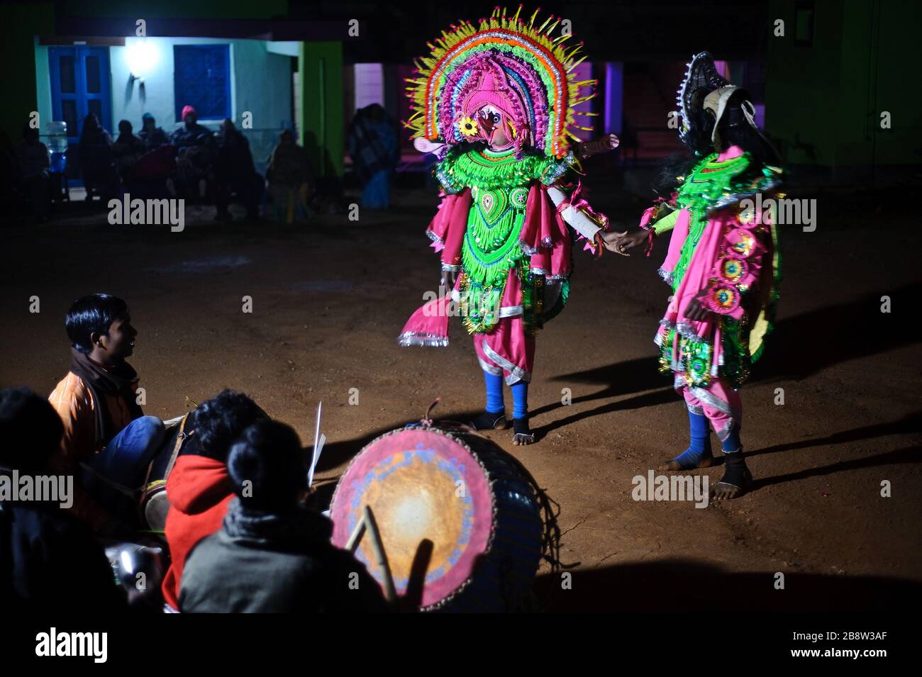 Purulia Chhau artists are performing a dance in the courtyard of a hotel ( India) Stock Photo