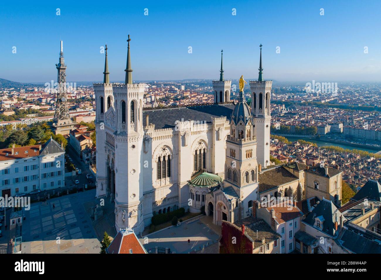 Lyon, Aerial view of Notre Dame de Fourviere Basilica Stock Photo