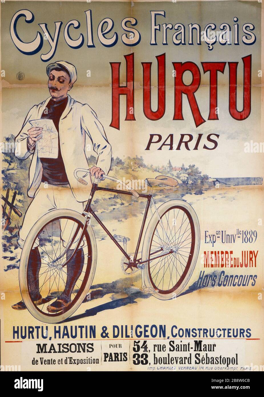 CYCLES FRENCH Hurtu, PARIS Eugène Ogé (1861-1936). Imprimerie Charles Verneau. Cycles Français Hurtu, Paris. Affiche. Lithographie couleur, vers 1892. Paris, musée Carnavalet. Stock Photo