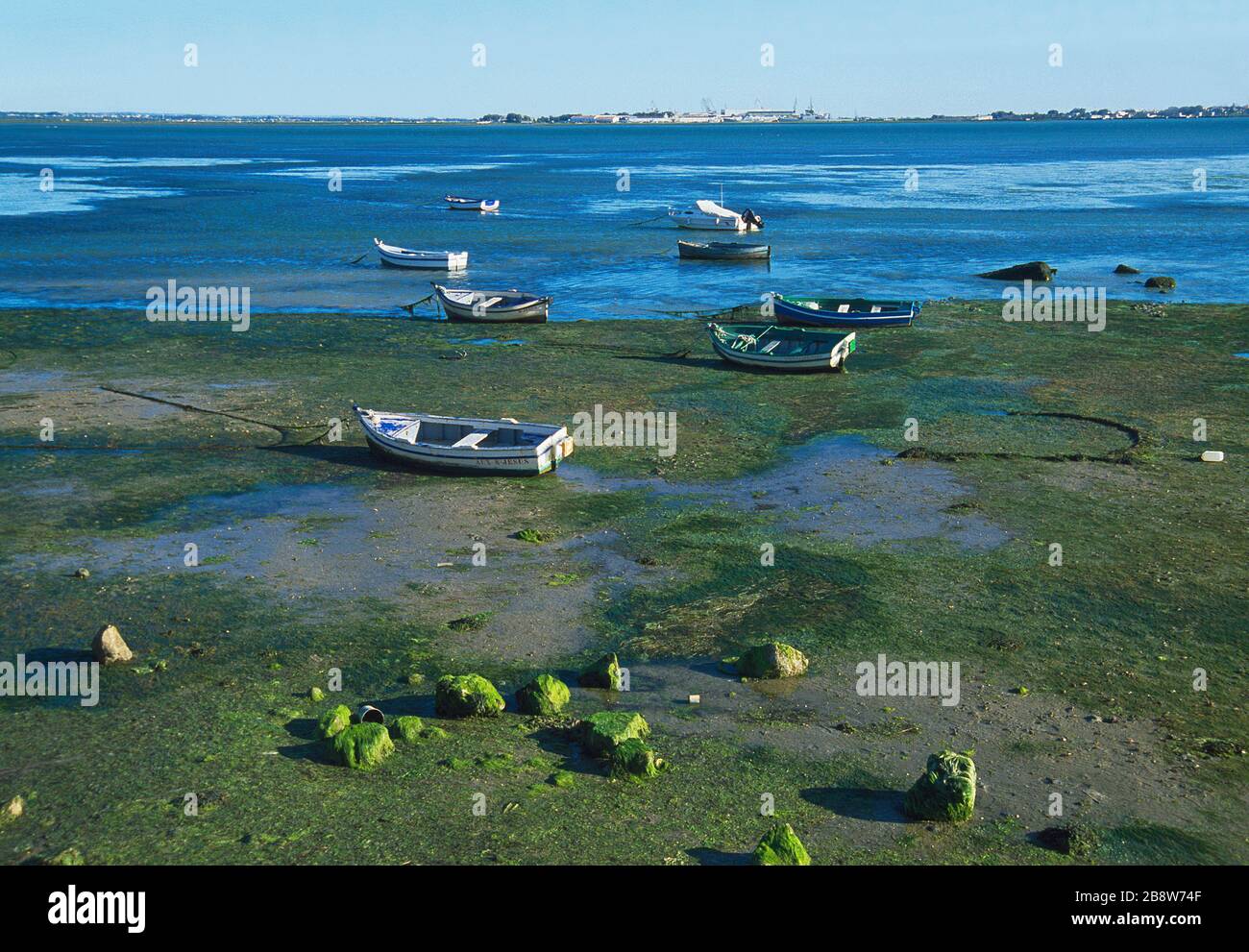 Low tide and boats. Puerto Real, Cadiz province, Andalucia, Spain. Stock Photo