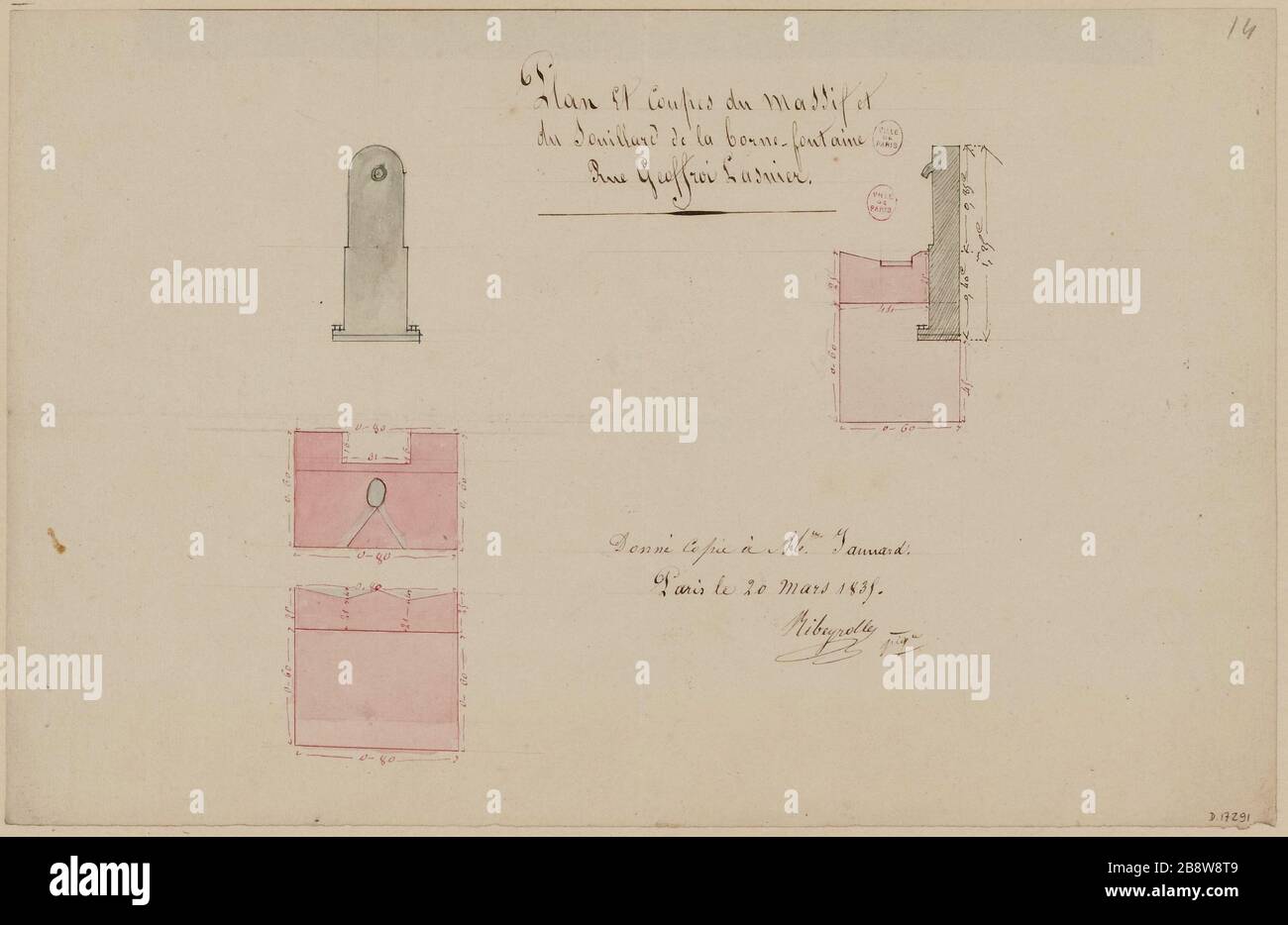 Plan and section of the standpipe, rue Geoffroy Lasnier Stock Photo - Alamy