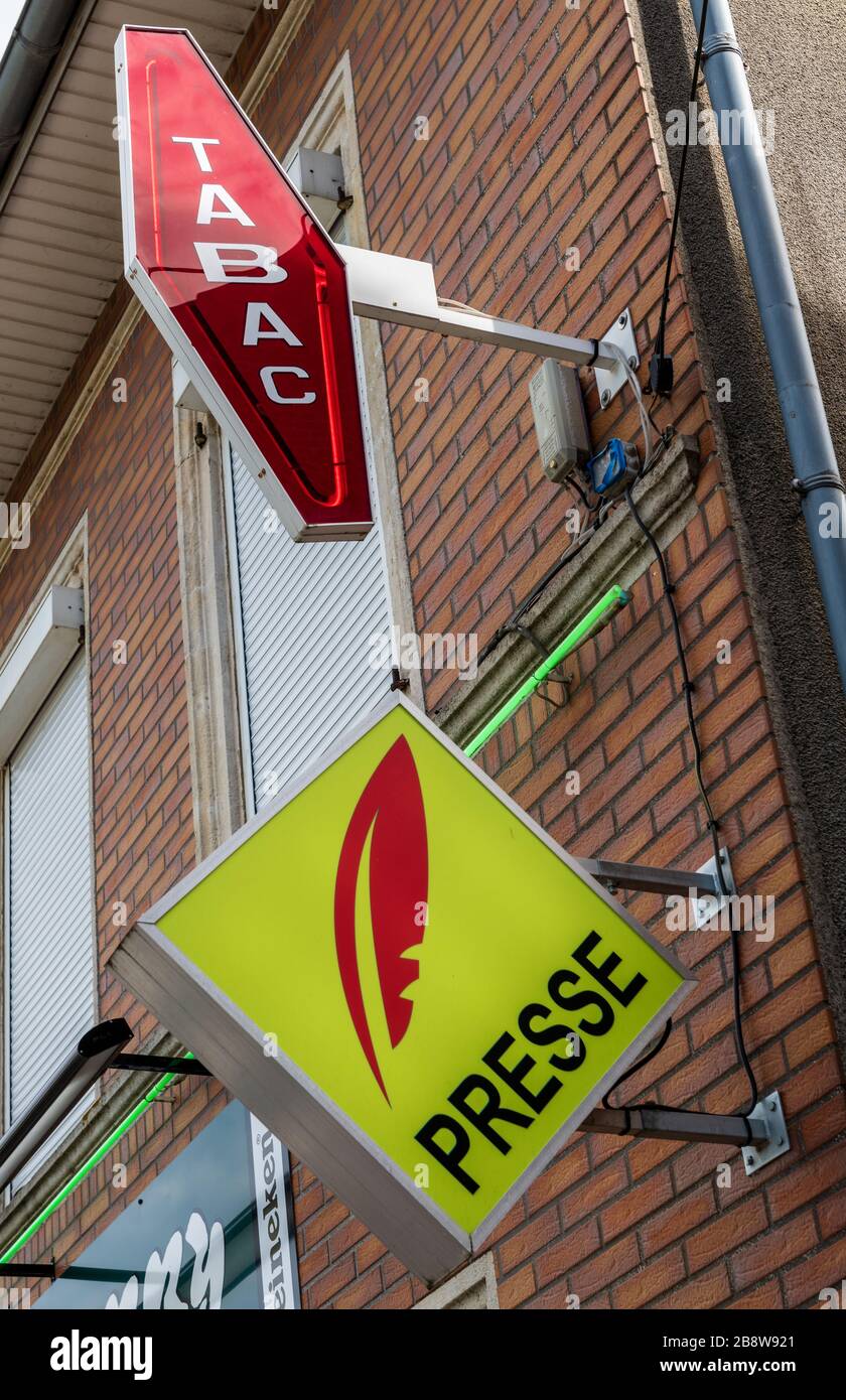 Paris, France - September  09, 2019: Tabac, Presse signage above tabacconist store in France Stock Photo