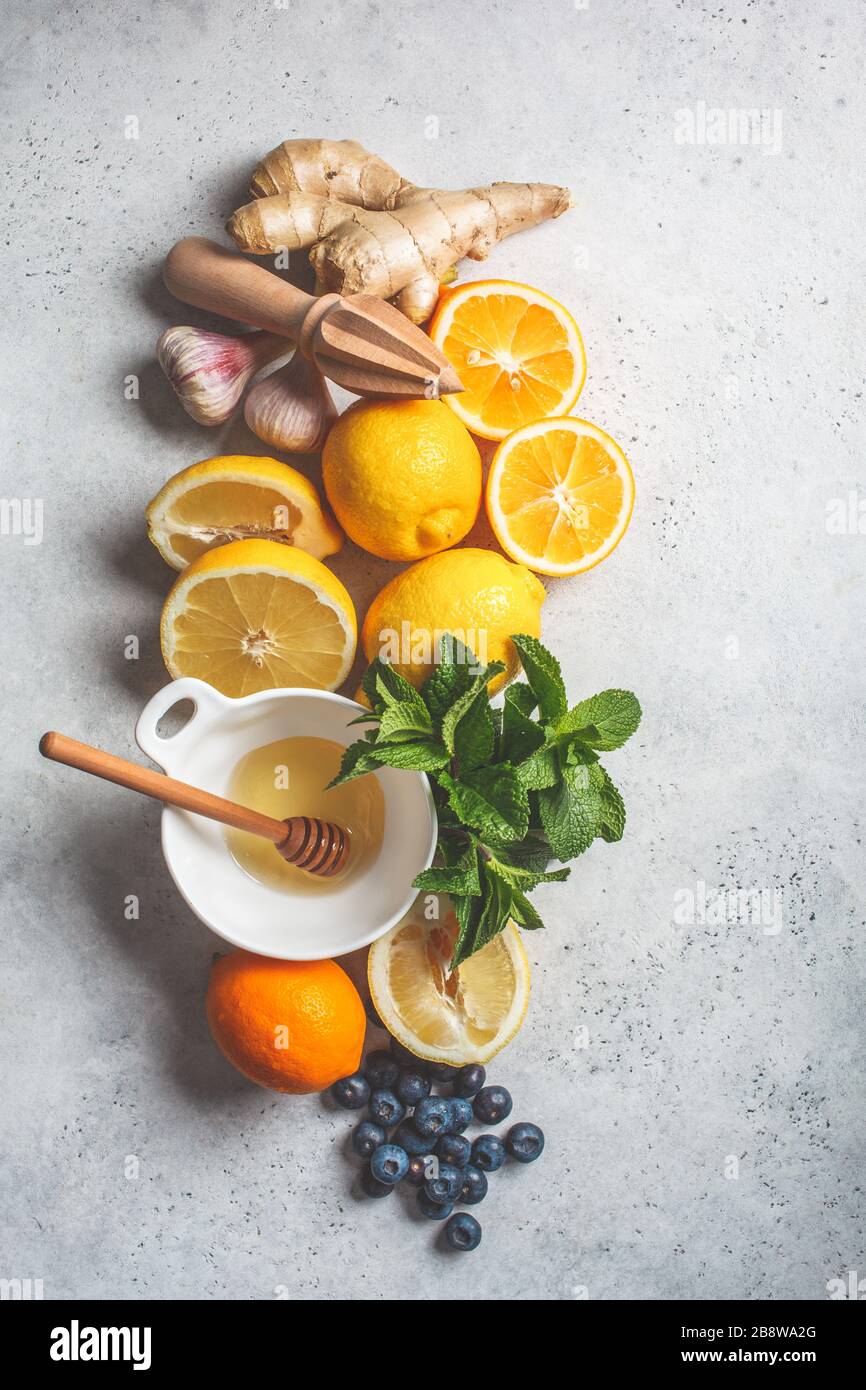 Healthy ingredients for immunity and antiflu. Citrus fruits, ginger