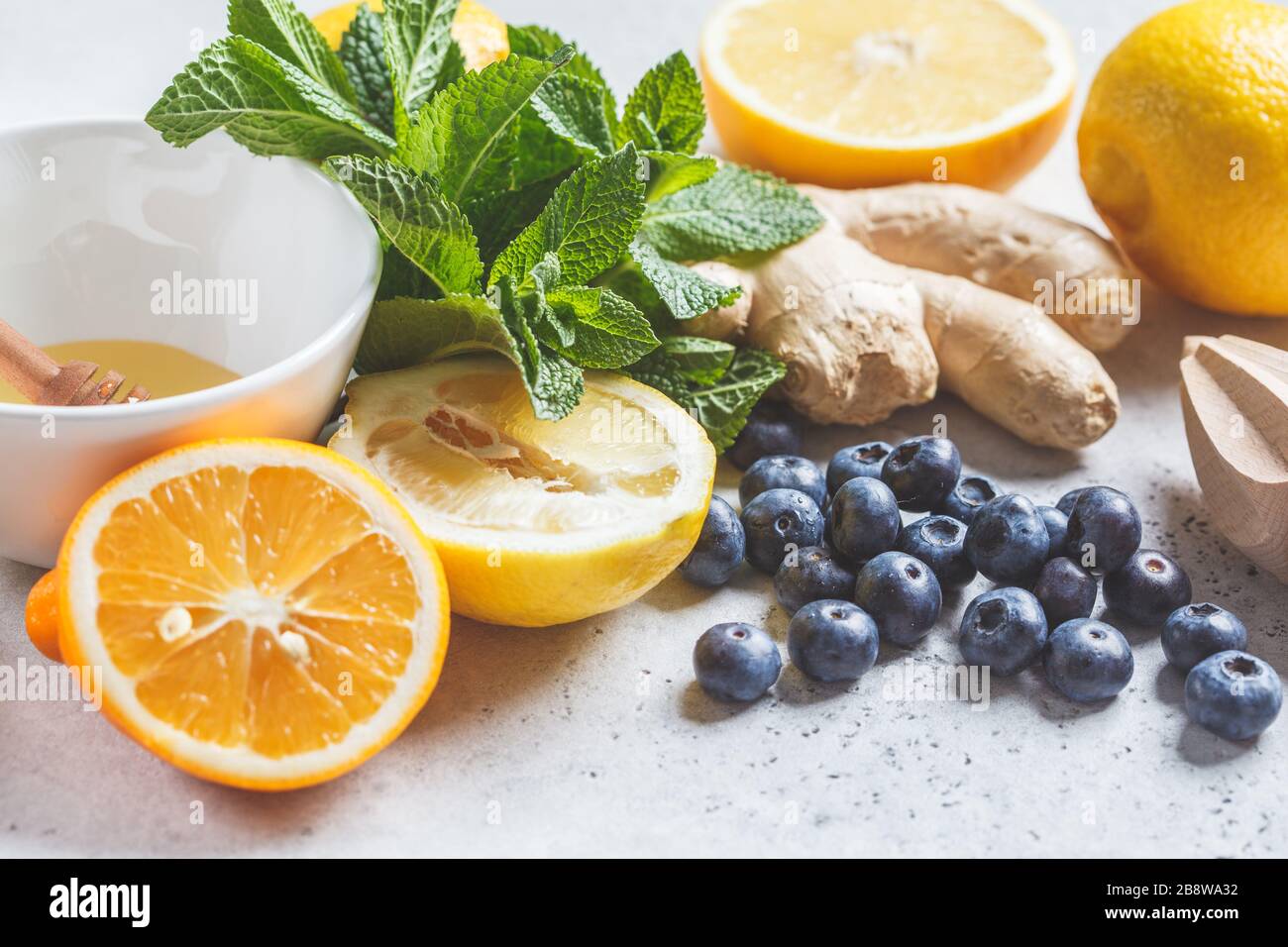 Healthy ingredients for immunity and antiflu. Citrus fruits, ginger