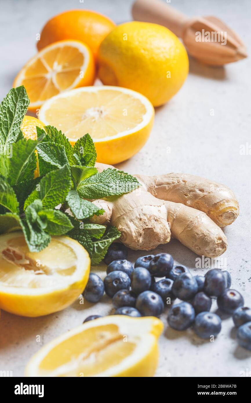 Healthy ingredients for immunity and antiflu. Citrus fruits, ginger