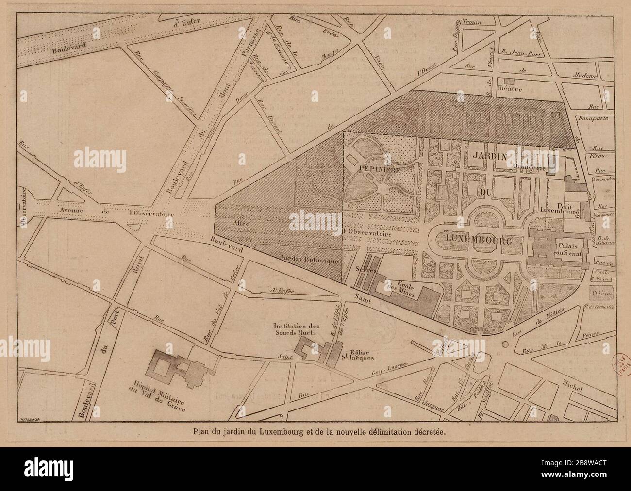 Map of the Luxembourg Gardens and the new boundaries decreed Stock Photo