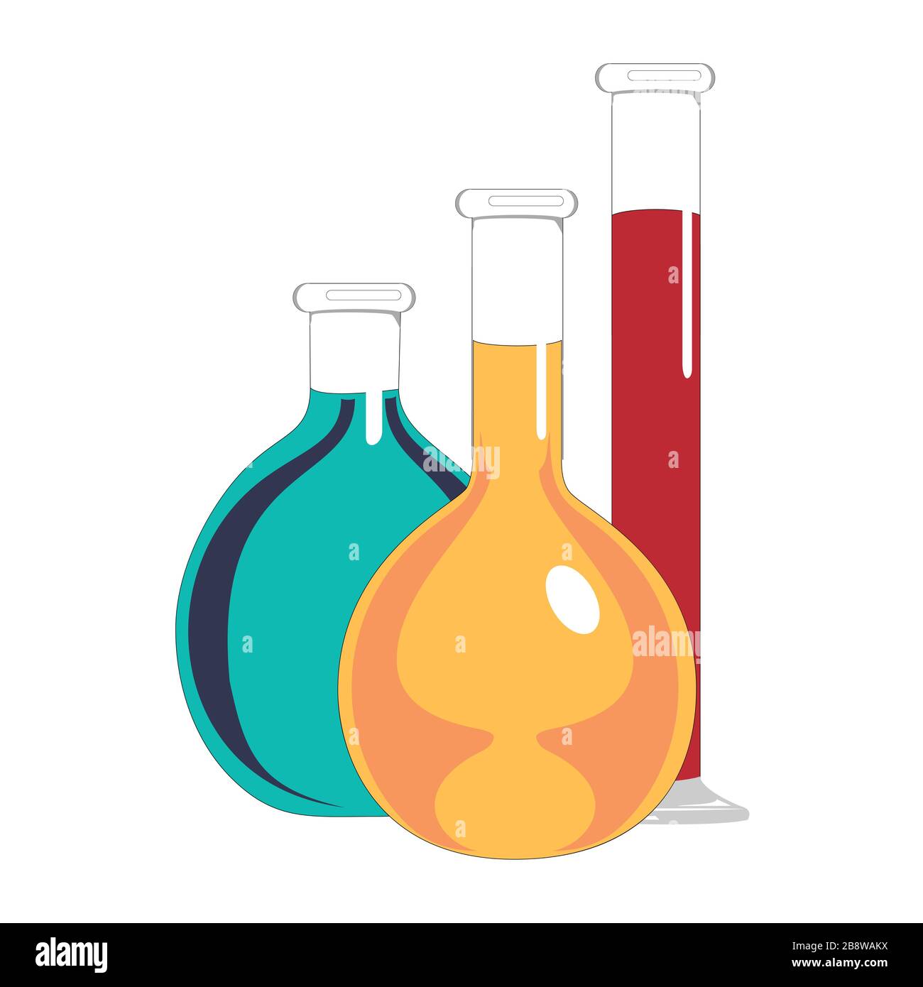 Laboratory glass flasks and test tubes with blue, yellow and red liquid. Chemical and biological experiments. Vector illustration in flat style. Stock Vector