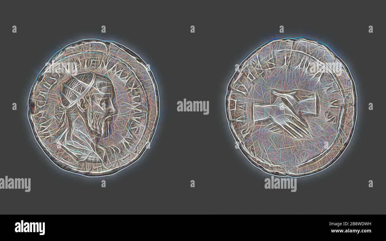 Antoninianus (Coin) Portraying Emperor Pupienus, AD 238 (April/June), issued by Balbinus and Pupienus, coemperors, Roman, minted in Rome, Rome, Silver, Diam. 2.4 cm, 4.49 g, Reimagined by Gibon, design of warm cheerful glowing of brightness and light rays radiance. Classic art reinvented with a modern twist. Photography inspired by futurism, embracing dynamic energy of modern technology, movement, speed and revolutionize culture. Stock Photo