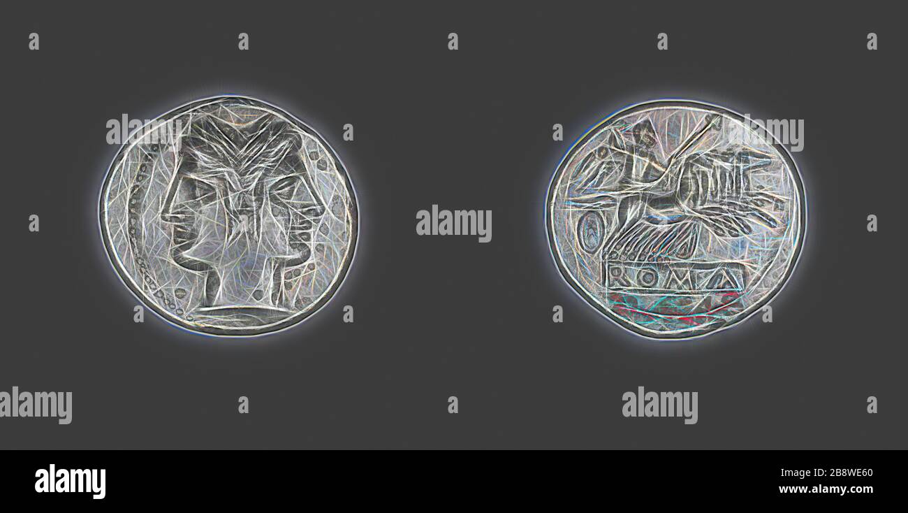 Didrachm (Coin) Depicting the God Janus, 225/214 BC, Roman, Roman Empire, Silver, Diam. 2.3 cm, 6.20 g, Reimagined by Gibon, design of warm cheerful glowing of brightness and light rays radiance. Classic art reinvented with a modern twist. Photography inspired by futurism, embracing dynamic energy of modern technology, movement, speed and revolutionize culture. Stock Photo
