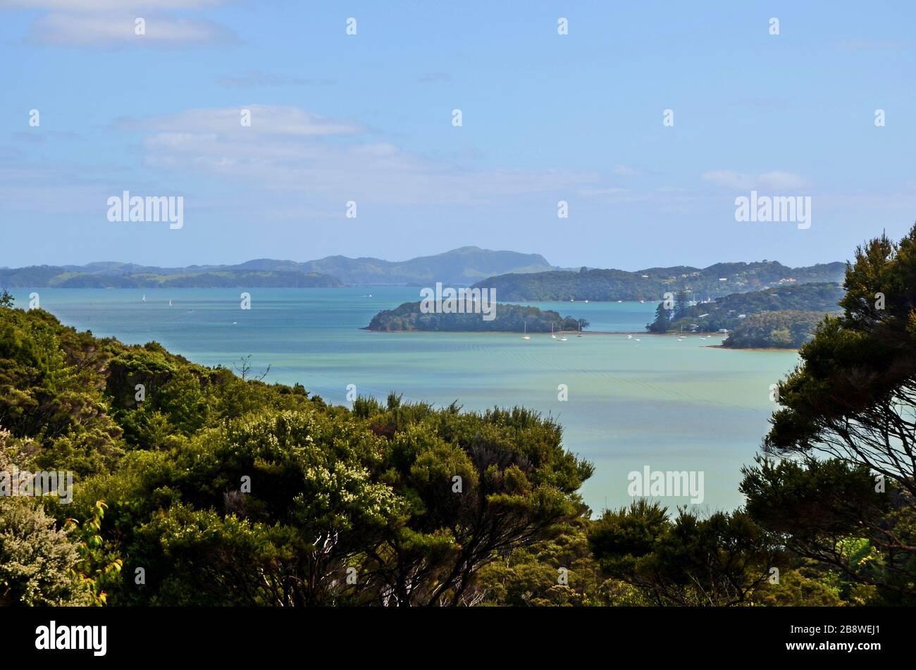 Aerial view on the multi colored blue waters of the bay of Islands New Zealand Stock Photo