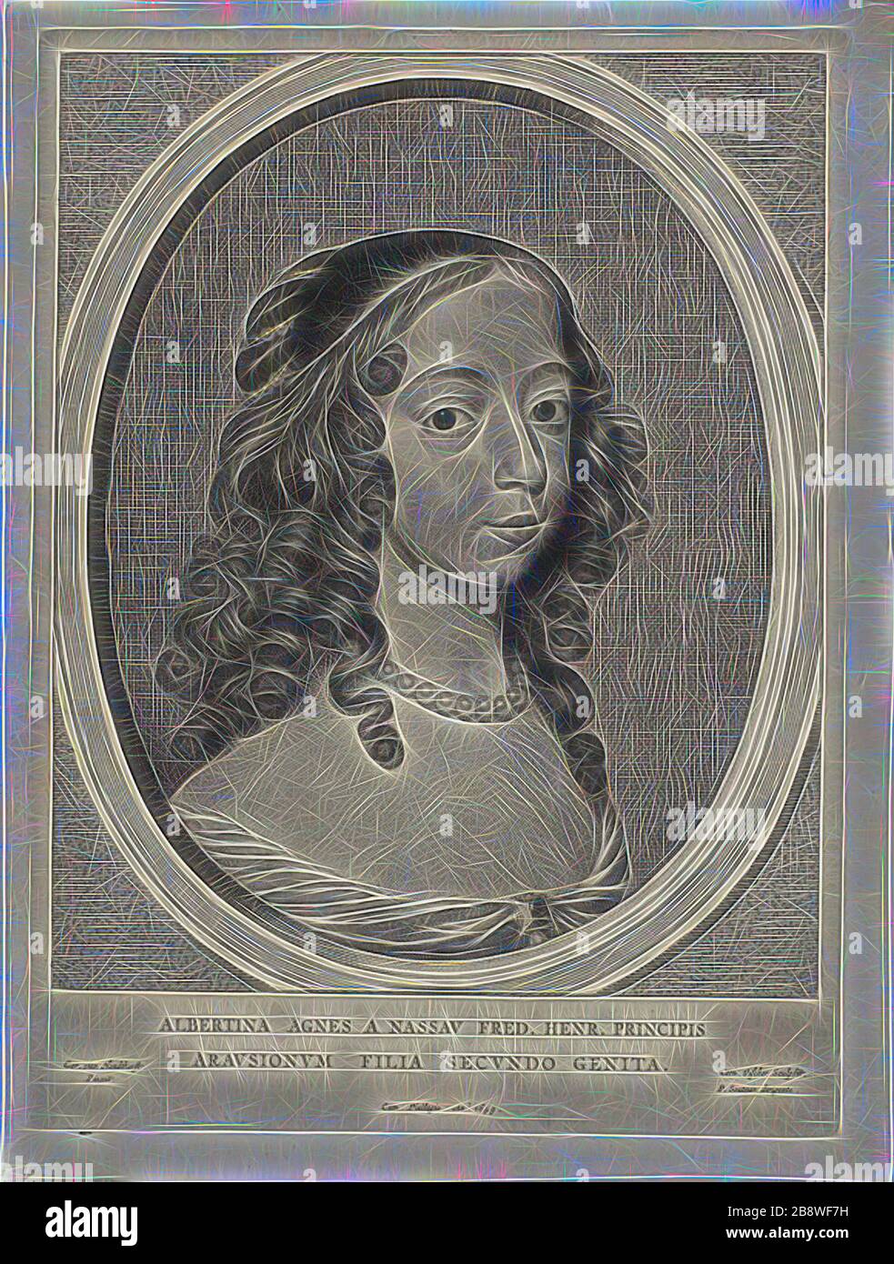 Albertine Agnes of Nassau, n.d., Cornelis Visscher, the Elder (Netherlandish, c. 1520-1586), after Gerrit van Honthorst (Dutch, 1590-1656), Holland, Engraving on paper, 419 x 308 mm, Reimagined by Gibon, design of warm cheerful glowing of brightness and light rays radiance. Classic art reinvented with a modern twist. Photography inspired by futurism, embracing dynamic energy of modern technology, movement, speed and revolutionize culture. Stock Photo