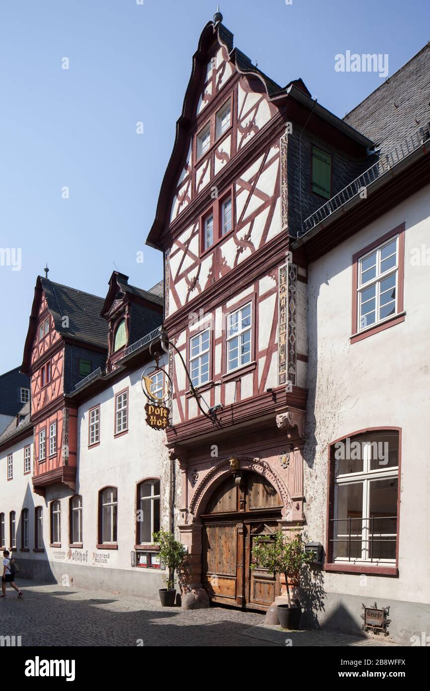 Hotel Posthof, half-timbered houses in the old town, Bacharach am Rhein, Unesco World Heritage Upper Middle Rhine Valley, Rhineland-Palatinate, German Stock Photo