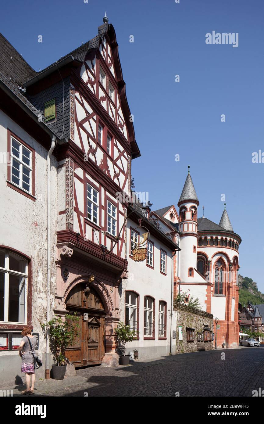 Hotel Posthof, half-timbered houses in the old town, Bacharach am Rhein, Unesco World Heritage Upper Middle Rhine Valley, Rhineland-Palatinate, German Stock Photo